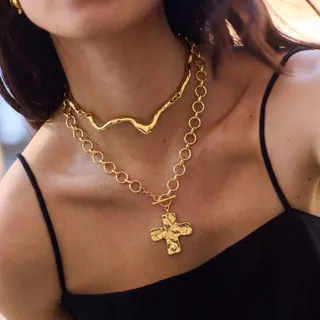 Liquid Lava Metal Choker & Geometric Cross Pendant Necklace Set, 2-Piece Gold Alloy Toggle Chain, Layering Jewelry for Women