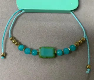 Women's Beaded Bracelet - Blue Green Round Beads with Square Center Stone, Brass Accents, Elastic Stretch Cord, Boho Vintage Jewelry Gift