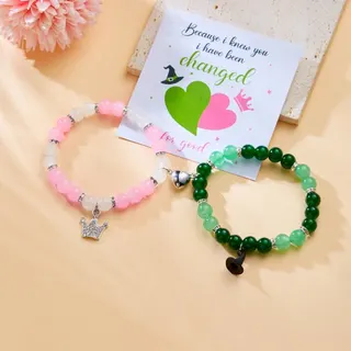 Wicked Witch Beaded Bracelet Set - Magnetic Heart Best Friend & Couple Bracelets, Pink & Green Glass Beads with Alloy Crown Charm, 19cm