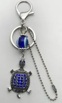 Vintage Turtle Keychain, Alloy Silver Plated with Blue Glass Bead & Inlaid Shell Pendant, Lucky Longevity Bag Charm for Women