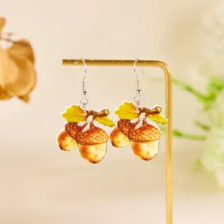 Autumn Acorn Leaf Acrylic Dangle Earrings - Vintage Forest Boho Stud Earrings, Hypoallergenic Steel Post, Lightweight Fashion Jewelry for Women