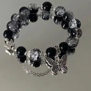Glass Bead Bracelet with Silver Butterfly & Feather Charm, Purple Crystal Stretch Bracelet, Anime Cosplay Jewelry Gift for Women, 18cm Elastic