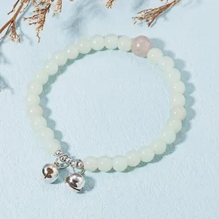 Cute Resin Bead Bracelet with Silver Bell Charm, Stretchy Elastic String Bracelet, White & Pink Imitation Jade Beads, Ins Style Girl Jewelry Gift