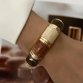 Vintage Enamel Bangle Bracelet - Coffee & Cream Marble Swirl, Wide 18K Gold Plated Alloy Cuff, French Retro Luxury Women's Jewelry