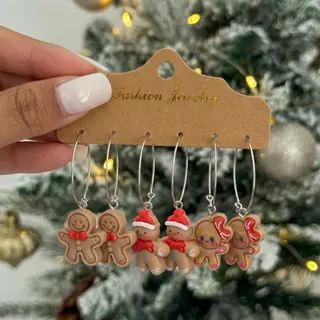 Christmas Gingerbread Man Resin Hoop Earrings Set of 3, White Gold Plated Cute Holiday Dangle Earrings, Festive Gift for Women