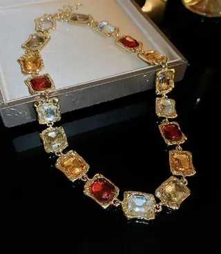 Vintage Luxury Square Gemstone Necklace, Gold-Plated Alloy Multi-Color Rhinestone Chain, 49cm Statement Collar Necklace for Women, Party & Wedding Jewelry