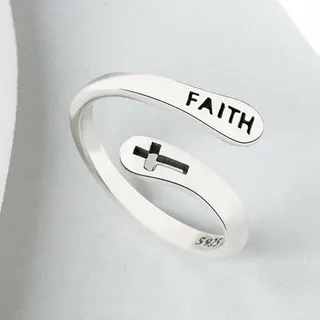 FAITH Cross Open Ring, Adjustable Double-Layer Silver Plated Ring with Hollow Cross & Faith Engraving, Unisex Minimalist Religious Jewelry