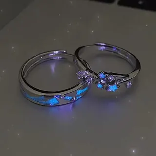 Blue Glow-in-the-Dark Star Couple Rings Set of 2, Silver Plated Copper with Rhinestone & Moon Pattern, Open Band Fashion Jewelry