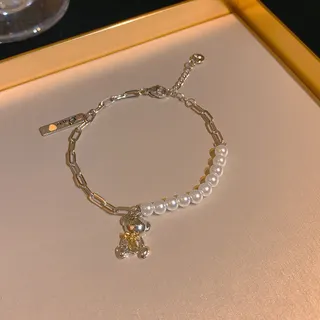 Cute Bear Pearl Bracelet for Women - Silver Alloy & Imitation Pearl Beaded Chain with 3D Bear Charm, Adjustable 18cm, Sweet Gift Jewelry