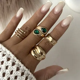 4-Piece Geometric Ring Set, Gold-Plated Alloy with Green Cat's Eye Stones, Wide Hammered & Multi-Band Adjustable Open Rings, Vintage Boho Stackable Rings for Women