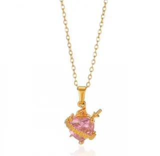 Rose Heart Necklace for Women, Pink Crystal Heart Pendant with Cupid Arrow, 18K Gold Plated Copper Clavicle Chain, Valentine's Day Gift, 38+7cm
