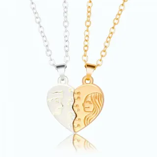 Couples Magnetic Heart Necklace Set - Interlocking Male & Female Profile Pendant, Matte Gold & Silver Alloy Chain 55+5cm, Valentine's Day Gift for Him & Her