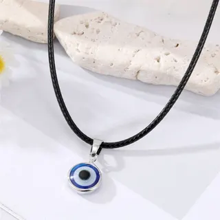 Evil Eye Nazar Pendant Necklace, Boho Resin Eye Charm on Black Leather Cord, Adjustable 50+5cm Clavicle Chain, Blue White Black Concentric Circle Lucky Charm Jewelry for Women