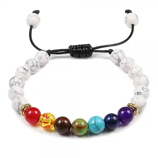 7 Chakra Natural Stone Bracelet - White Turquoise Beaded Adjustable Braided Wristband, 8mm Energy Healing Crystal Jewelry for Women, Spiritual Gift