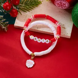Christmas Beaded Bracelet Set of 2, HO HO HO Letter Clay Beads with Santa Claus Charm, Red White Striped & White Beads, Gold Alloy Spacers, Holiday Gift for Women Girls, Approx 18cm