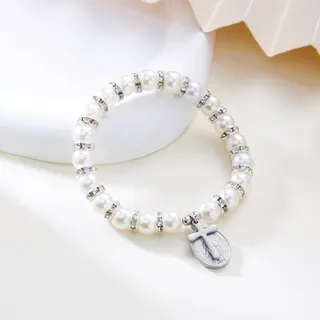 Virgin Mary Cross Pearl Bracelet - White Gold Alloy, Rhinestone Accented, 18cm Catholic Faith Jewelry for Women