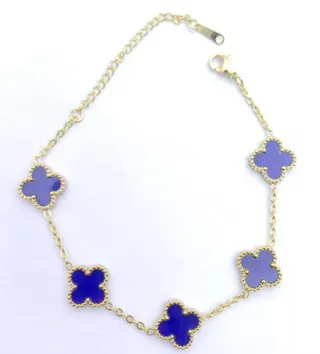 Vintage Four Leaf Clover Bracelet for Women, 18K Gold Plated Stainless Steel, Blue Enamel Beaded Edge, Hypoallergenic Tarnish-Free Charm Bangle