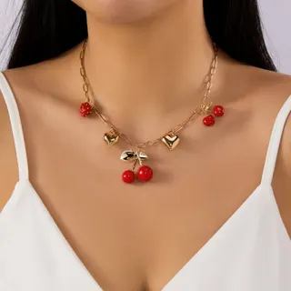 Cherry Strawberry Heart Charm Necklace - 18K Gold Plated Alloy, Sweet Cute Layered Pendant Choker, Adjustable 40+5cm, Women's Fashion Jewelry
