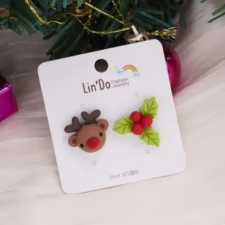 Christmas Reindeer Asymmetric Earrings - Cute Red Nose Deer & Holly Berry Studs, 925 Silver Post, Soft Clay Holiday Jewelry Gift for Women