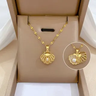 Gold Shell Pearl Necklace for Women, Micro-Pavé Zircon Hollow Clavicle Chain, 18K Gold Plated Stainless Steel, 40+5cm Adjustable, Hypoallergenic Ocean Chic Pendant