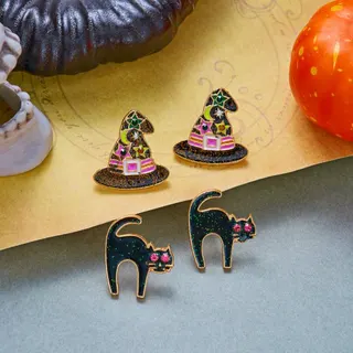 Halloween Earrings Set for Women - Black Cat & Witch Hat Star Enamel Earrings, Alloy Gold-Plated Sparkle Party Jewelry, Cute Festive Costume Accessories