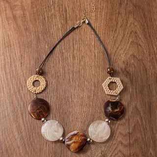 Boho Tortoiseshell Necklace for Women - Acrylic Round Disc & Woven Ring Pendant on Leather Cord, Vintage Bohemian Statement Necklace (Brown)