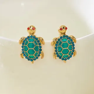 Turtle Earrings for Women, Boho Beach Vacation Earrings, Green Enamel & Blue Crystal Zircon Sea Turtle Studs, 18K Gold Plated Alloy, Cute Animal Jewelry Gift