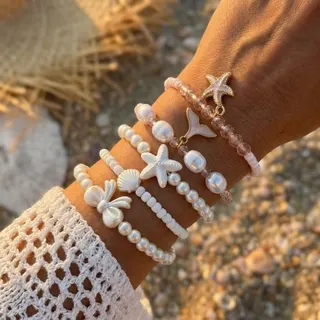 Ocean Style Starfish Shell Bow Pearl Bracelet Set of 5, Pink Imitation Pearl Beaded Stackable Bracelets, Alloy Gold Plated, 18cm Beach Vacation Jewelry for Women