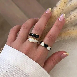 Stainless Steel Enamel Geometric Ring Set of 2, 18K Gold Plated Black & White Open Adjustable Petal Stacking Rings, 1.8cm