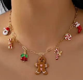 Christmas Gingerbread Man Necklace Women 18K Gold Plated Alloy Chain with Santa Sock Bell Candy Cane Charms Holiday Party Jewelry 37+5cm