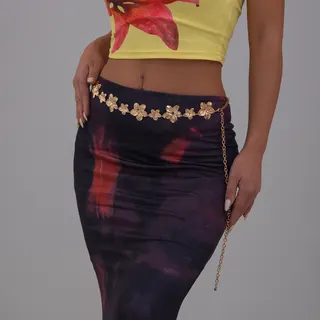 Gold Floral Waist Chain Belt - 110cm Alloy 18K Gold Plated Dangle Flower Waist Chain for Women, Boho Vintage Pencil Skirt Dress Accessory