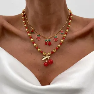 Fruit Charm Layered Necklace - Cherry Strawberry Watermelon Pendant Double Gold Bead Chain, Red Enamel Sweet Vintage Collarbone Necklace for Women