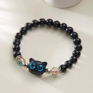Cute Cat Head Beaded Bracelet - Natural Green Stone & Silver Faceted Beads, Elastic 18cm, Kawaii Personality Jewelry for Women