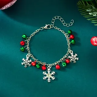 Christmas Snowflake Necklace for Women, White Gold Rhinestone Pendant Choker with Red Green Beads, Adjustable 40+5cm Holiday Gift Jewelry