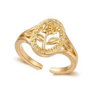 Vintage Rose Flower Open Ring, 18K Gold Plated Copper, Adjustable Open-End Design, Hollow Carved Floral Statement Ring for Women