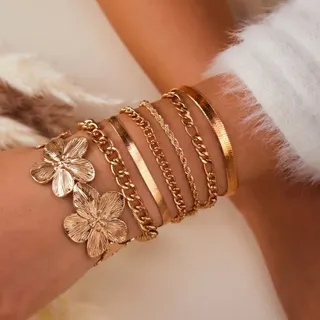 7-Piece Flower Metal Bracelet Set, White Gold Tone Iron Alloy, Layered Chain & Wide Cuff Bangle for Women, 16+5cm