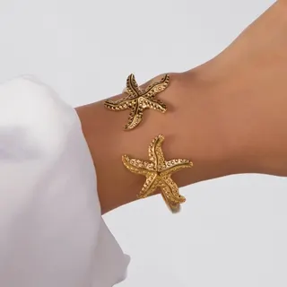 Stainless Steel Starfish Bracelet Gold Open Cuff Bangle - Ocean Style 18K Gold Plated Adjustable Hand Cuff Jewelry for Women