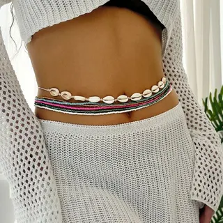 Boho Shell Beaded Belly Chain, Elastic Colorful Seed Bead Waist Chain Set of 6, Natural Shell & Stretch Cord, 76cm, Beach Bikini Accessory for Women