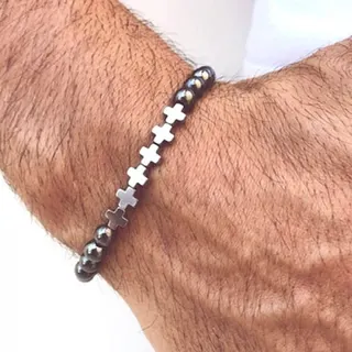 Men's Black Obsidian Cross Bracelet - Natural Stone Beads with Silver Cross, Adjustable Religious Minimalist Wristband