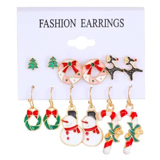 Christmas Earrings Set 6 Pcs, Alloy 18K Gold Plated Enamel Christmas Tree Gingerbread Reindeer Santa Dangle Earrings, Holiday Party Gift Jewelry