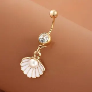 Gold Shell Belly Button Ring with Pearl & Zirconia Charm, Stainless Steel Navel Piercing Jewelry, Hypoallergenic Ocean Style Body Jewelry