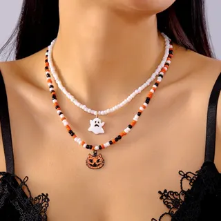 Halloween Pumpkin Ghost Beaded Necklace Women Double Layer Choker Collar Necklace Orange Black White Seed Bead with Pumpkin Face & Ghost Charm Party Costume Jewelry