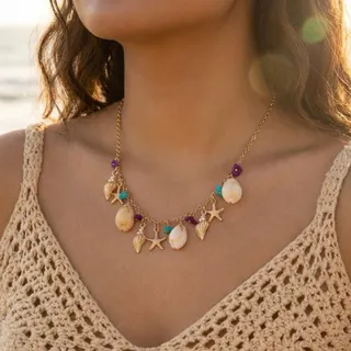 Boho Ocean Shell Starfish Necklace for Women, Gold Alloy Conch & Pearl Bead Pendant with Colorful Gemstones, Adjustable 43+7cm Clavicle Chain for Beach Vacation