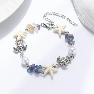 Ocean Starfish Pearl Bracelet Blue Turquoise Bead Sea Turtle Charm Vintage Alloy Adjustable Extender Chain Beach Summer Jewelry for Women