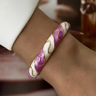 Vintage Enamel Bangle Bracelet Women - Purple White Pink Drip Enamel Wide Cuff with 18K Gold Plated Wavy Edging, Alloy Jewelry