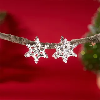 Sparkling Snowflake Stud Earrings for Women, Silver Alloy Rhinestone Six-Point Star Holiday Christmas Jewelry, 2cm Pair