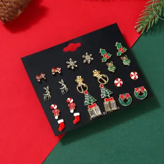 Christmas Earrings Set 12 Pairs - Rhinestone Christmas Tree Snowflake Candy Cane Reindeer Bell Wreath Gift Box, Alloy 18K Gold Plated Enamel Stud Earrings, Festive Holiday Gift Jewelry