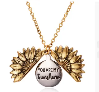 Sunflower Openable Engraved Pendant Necklace, 18K Gold Plated Stainless Steel, Customizable Message Locket Chain, Gift for Her