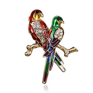 Vintage Parrot Brooch, Enamel & Rhinestone Bird Pin, Gold-Plated Alloy Double Parrot on Branch, Elegant Fashion Jewelry for Women