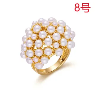 Vintage Openwork Pearl Cluster Ring, 18K Gold Plated Copper, Round Pearl Bouquet Design, Size 9, Elegant Bridal Statement Ring